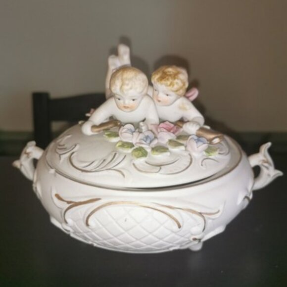 Vintage Bisque Porcelain Putti Twins Covered Bowl, Hand Painted Cupid Dish - Picture 1 of 7